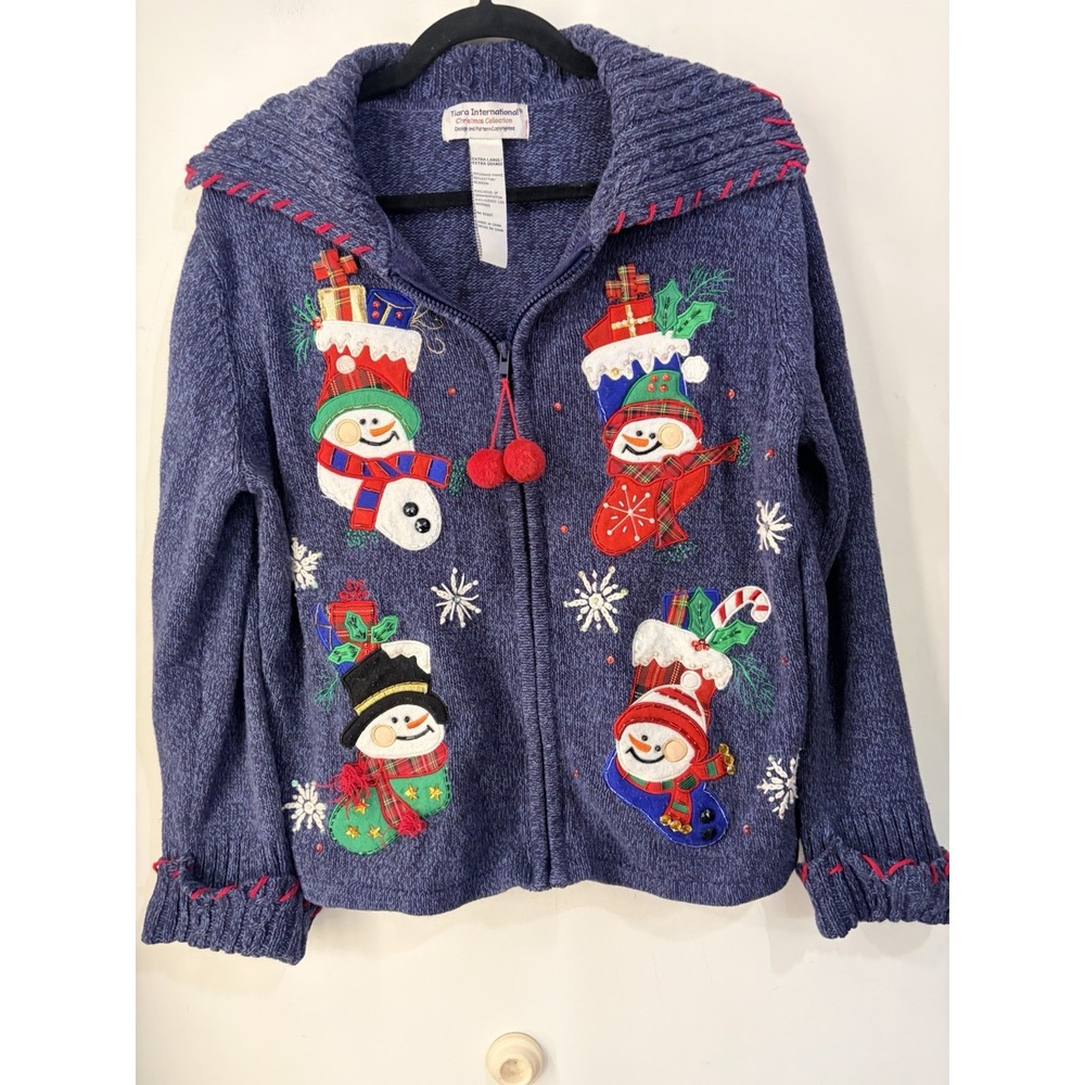 Vintage Tara International Christmas Snowman Sweater Cardigan Zip XL Ramie